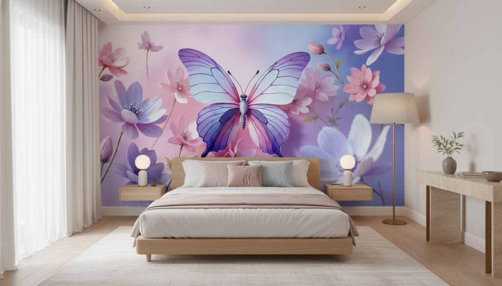 Papier Peint Papillon Violet et Fleurs Rose sur Fond Dégradé - Chambre adulte