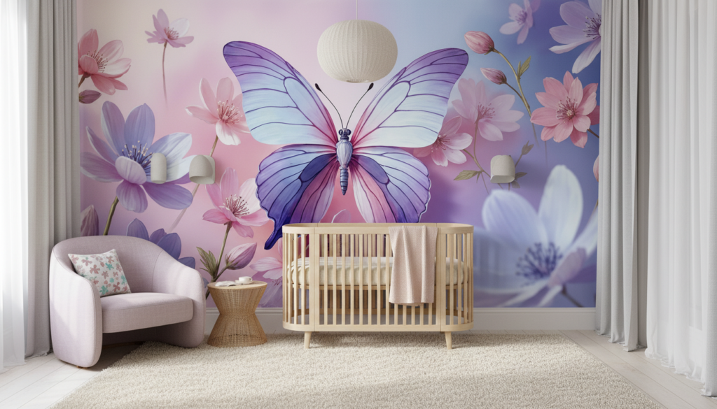 Papier Peint Papillon Violet et Fleurs Rose sur Fond Dégradé - Chambre bébé