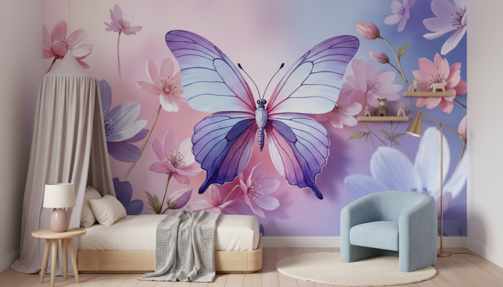 Papier Peint Papillon Violet et Fleurs Rose sur Fond Dégradé - Chambre enfant