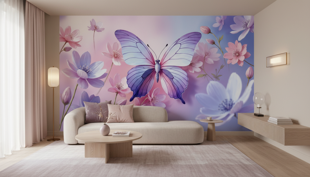 Papier Peint Papillon Violet et Fleurs Rose sur Fond Dégradé - Salon / Séjour