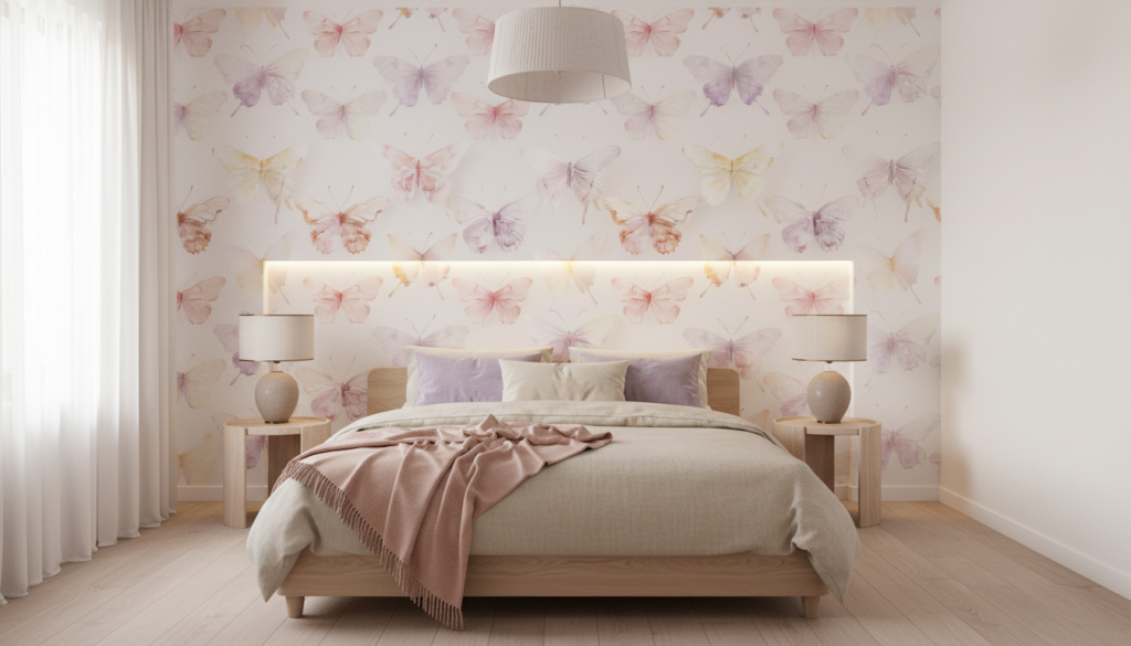 Papier Peint Papillons Aquarelle Pastel Délicats et Romantiques - Chambre adulte