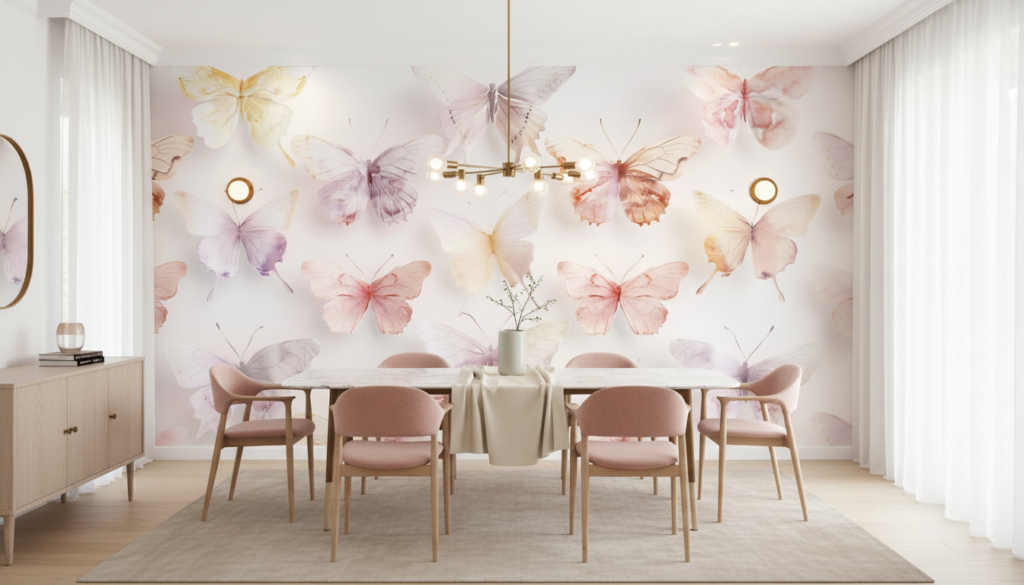 Papier Peint Papillons Aquarelle Pastel Délicats et Romantiques - Salle à manger