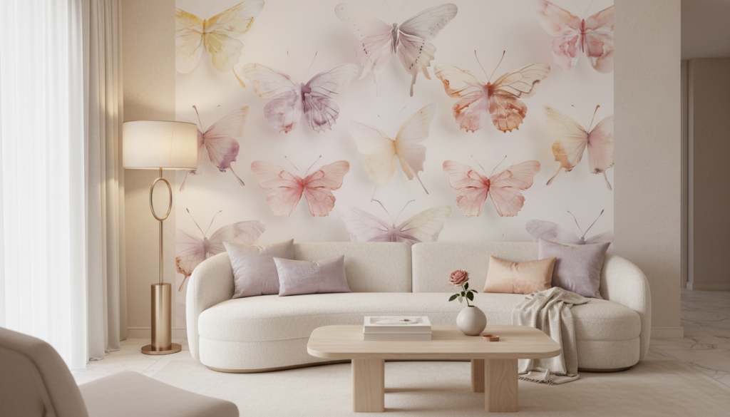 Papier Peint Papillons Aquarelle Pastel Délicats et Romantiques - Salon / Séjour