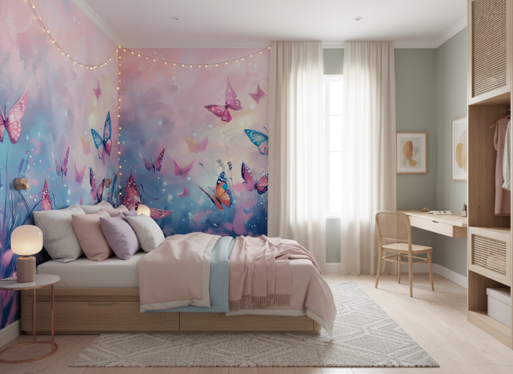 Papier peint papillons féeriques dans jardin pastel enchanteur - Chambre ado