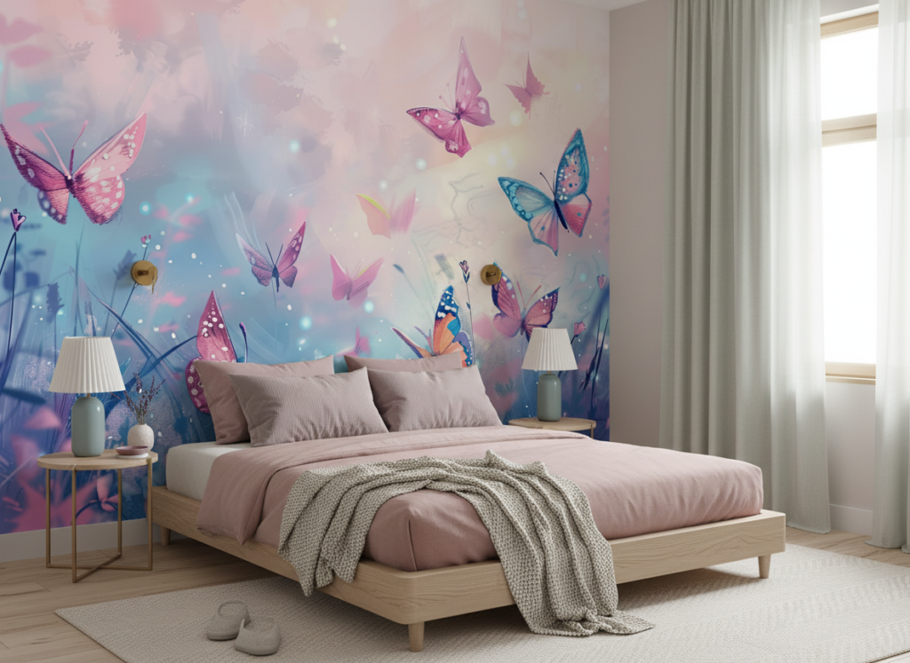 Papier peint papillons féeriques dans jardin pastel enchanteur - Chambre adulte