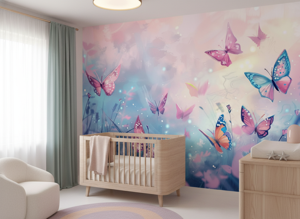 Papier peint papillons féeriques dans jardin pastel enchanteur - Chambre bébé