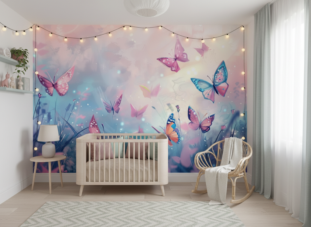 Papier peint papillons féeriques dans jardin pastel enchanteur - Chambre enfant
