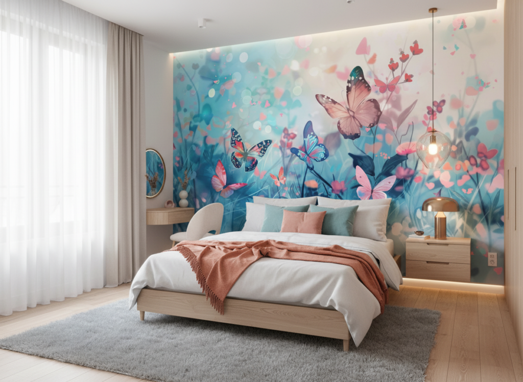 Papier peint papillons féeriques dans jardin turquoise et rose - Chambre ado