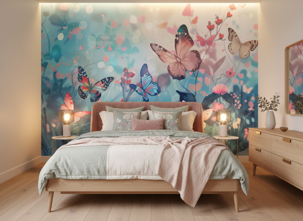 Papier peint papillons féeriques dans jardin turquoise et rose - Chambre adulte