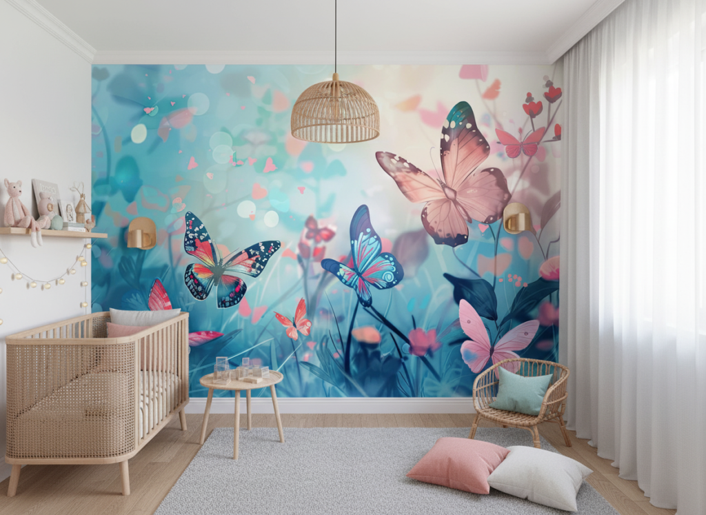 Papier peint papillons féeriques dans jardin turquoise et rose - Chambre enfant