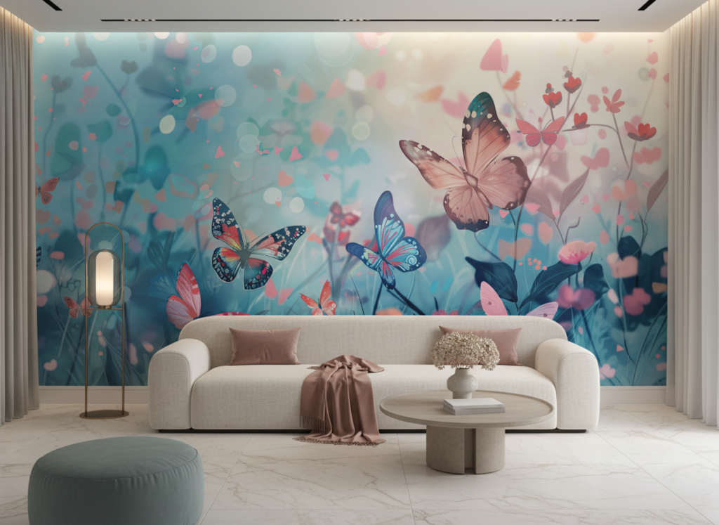 Papier peint papillons féeriques dans jardin turquoise et rose - Salon / Séjour