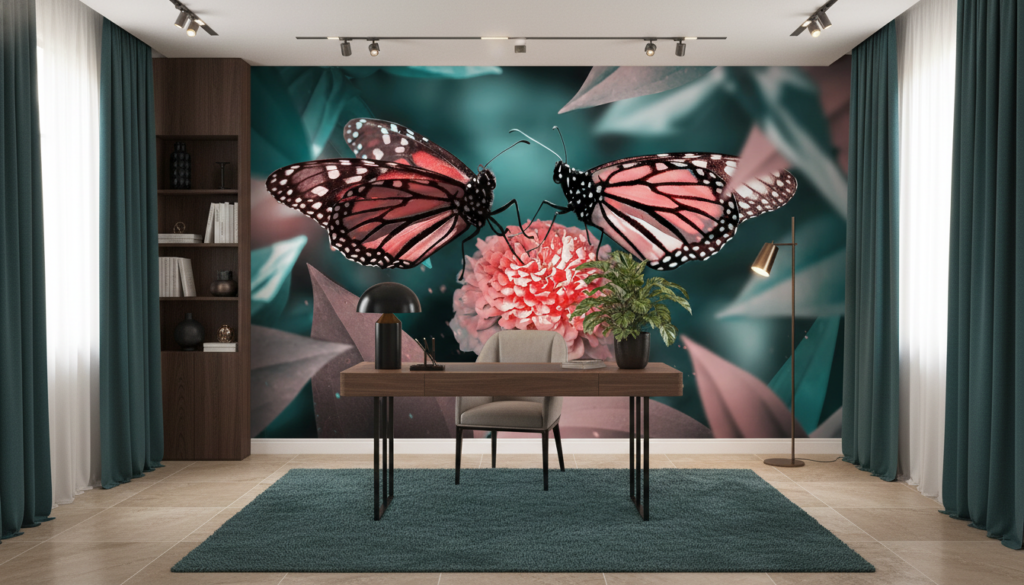 Papier Peint Papillons Roses sur Fleur Corail Ambiance Tropicale - Bureau