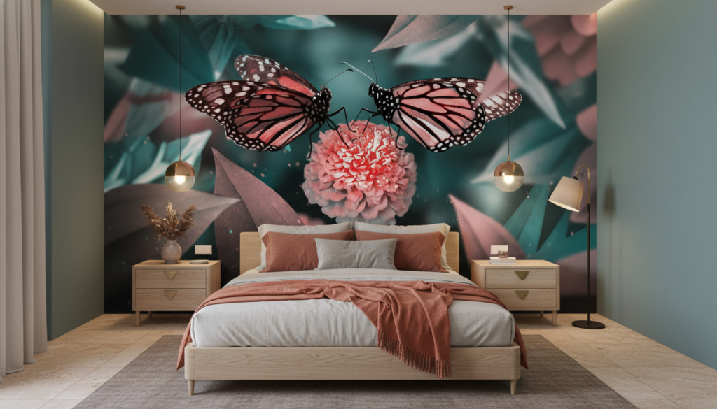 Papier Peint Papillons Roses sur Fleur Corail Ambiance Tropicale - Chambre adulte