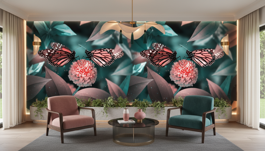 Papier Peint Papillons Roses sur Fleur Corail Ambiance Tropicale - Hôtel