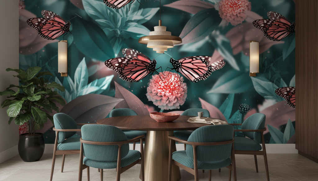 Papier Peint Papillons Roses sur Fleur Corail Ambiance Tropicale - Salle à manger