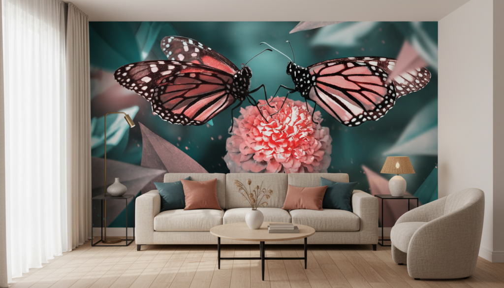 Papier Peint Papillons Roses sur Fleur Corail Ambiance Tropicale - Salon / Séjour