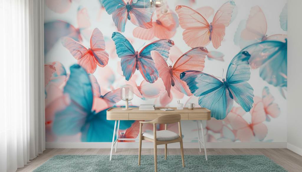 Papier peint papillons translucides rose et bleu ambiance féerique - Bureau