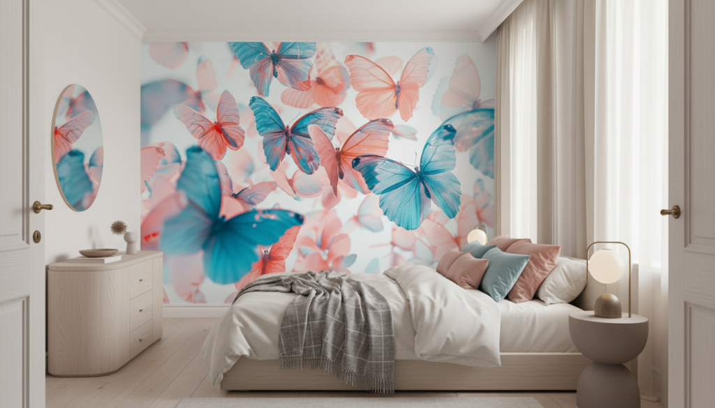 Papier peint papillons translucides rose et bleu ambiance féerique - Chambre adulte