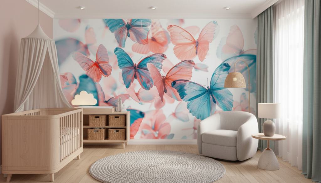 Papier peint papillons translucides rose et bleu ambiance féerique - Chambre bébé