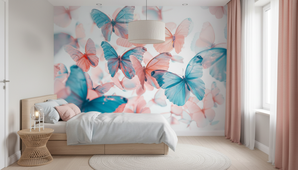 Papier peint papillons translucides rose et bleu ambiance féerique - Chambre enfant