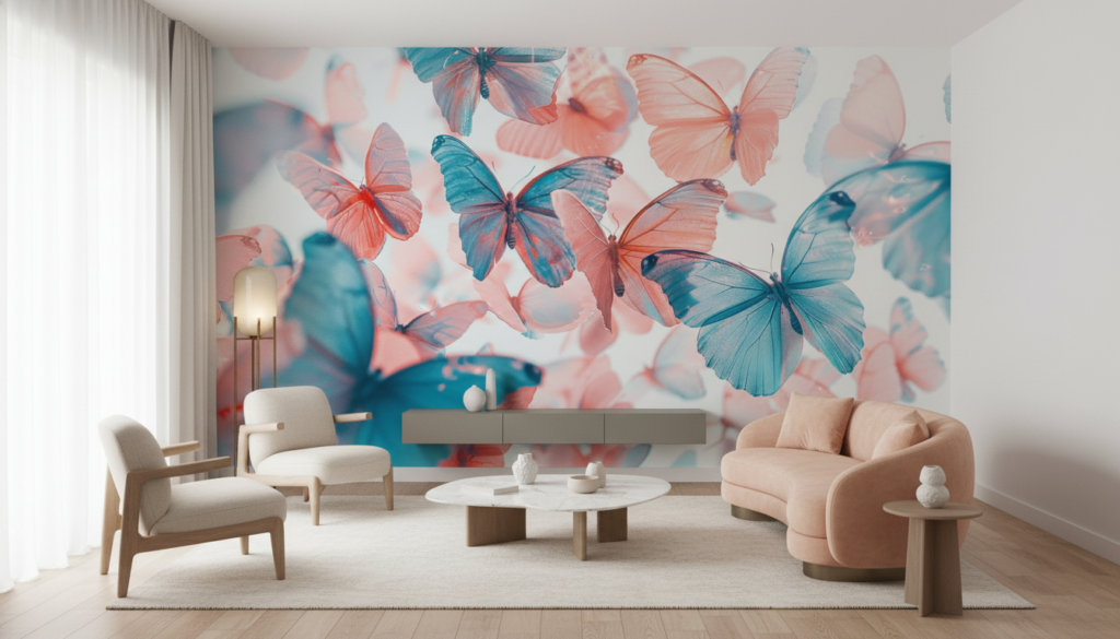 Papier peint papillons translucides rose et bleu ambiance féerique - Salon / Séjour