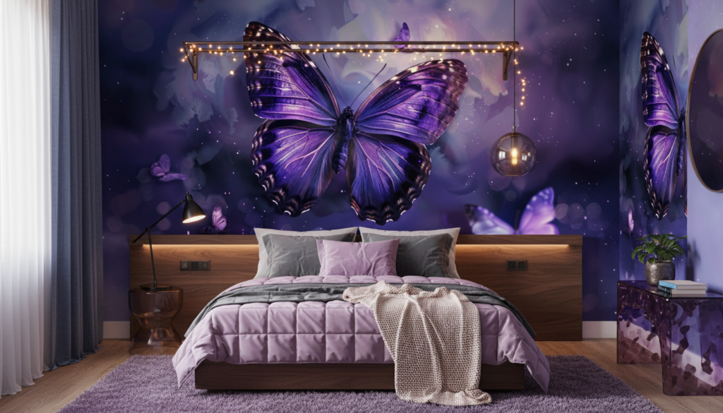 Papier Peint Papillons Violets Magiques dans Nuages Étoilés Enchantés - Chambre ado