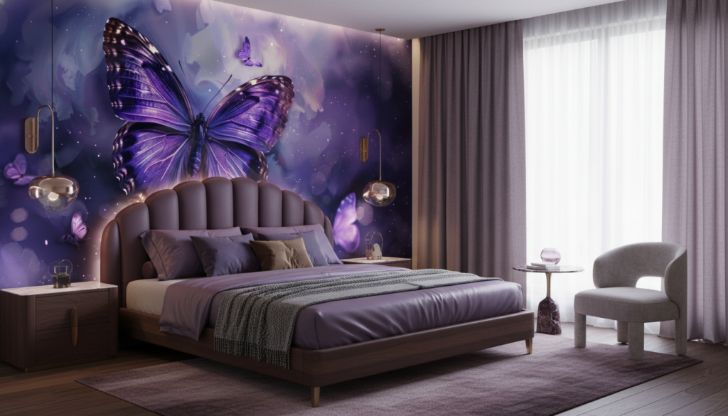 Papier Peint Papillons Violets Magiques dans Nuages Étoilés Enchantés - Chambre adulte