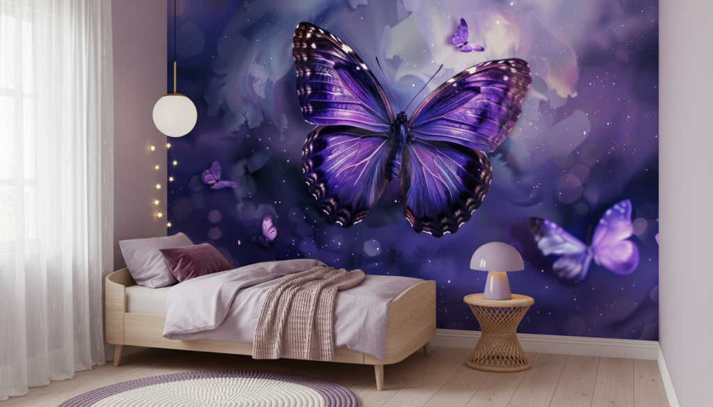 Papier Peint Papillons Violets Magiques dans Nuages Étoilés Enchantés - Chambre enfant