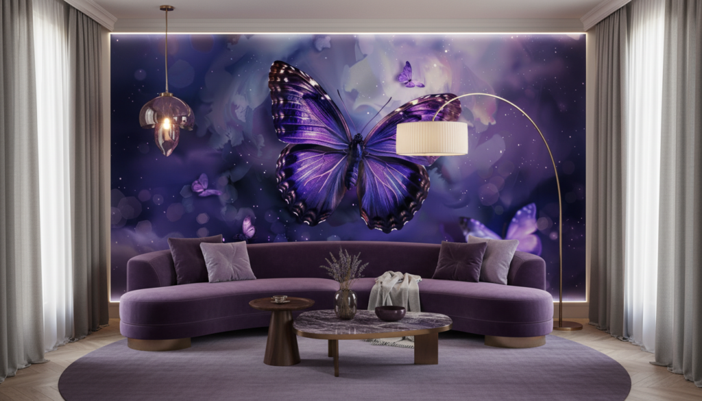 Papier Peint Papillons Violets Magiques dans Nuages Étoilés Enchantés - Salon / Séjour