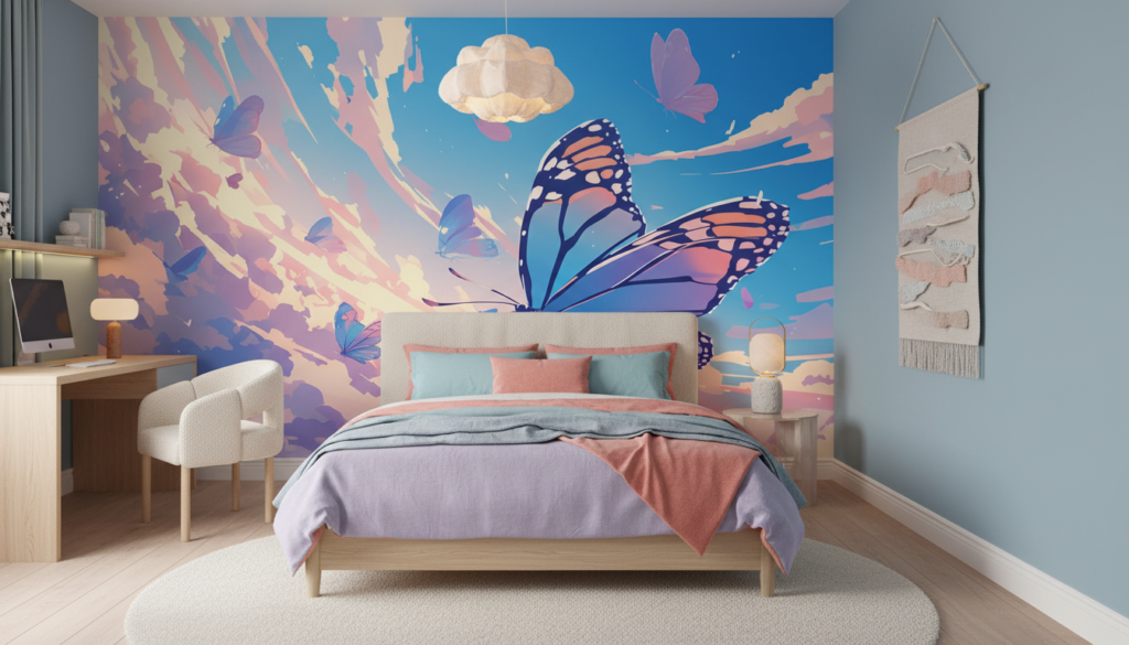 Papier peint papillons voltigeant ciel pastel dreamy multicolore - Chambre ado