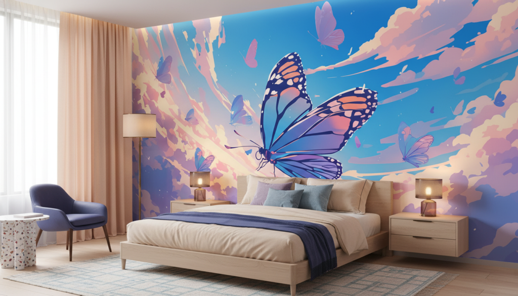 Papier peint papillons voltigeant ciel pastel dreamy multicolore - Chambre adulte