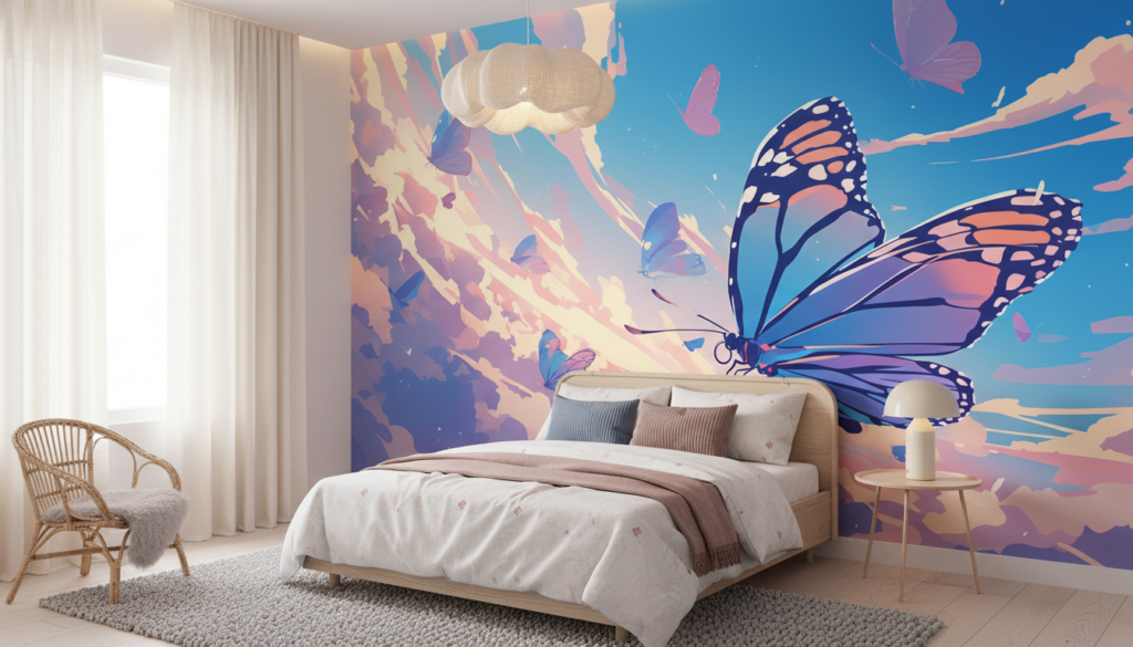 Papier peint papillons voltigeant ciel pastel dreamy multicolore - Chambre enfant