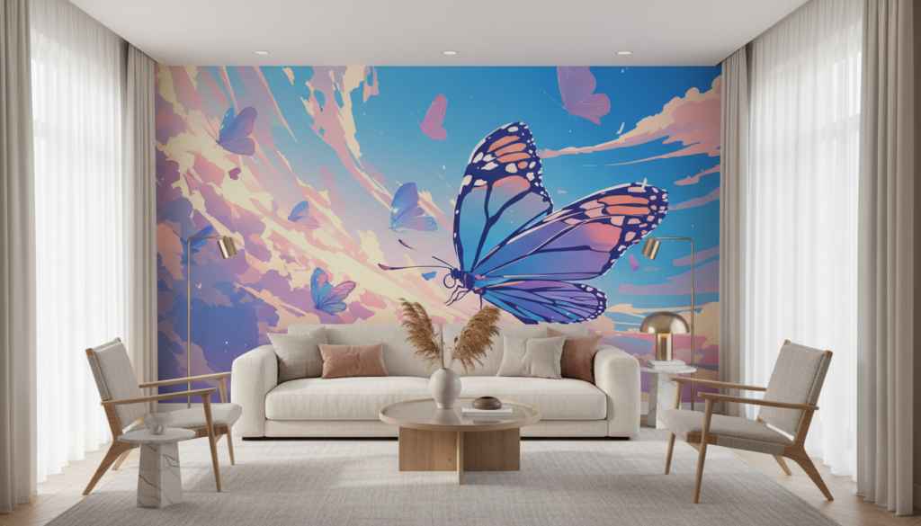 Papier peint papillons voltigeant ciel pastel dreamy multicolore - Salon / Séjour