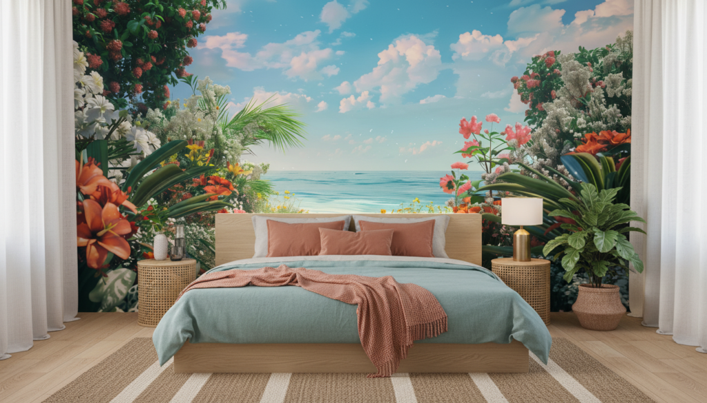 Papier Peint Paradis Tropical Plage Fleurie Vue Océan Turquoise - Chambre adulte