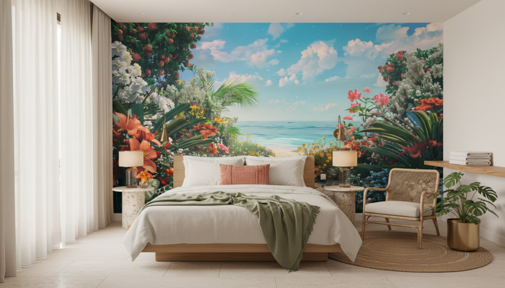 Papier Peint Paradis Tropical Plage Fleurie Vue Océan Turquoise - Hôtel