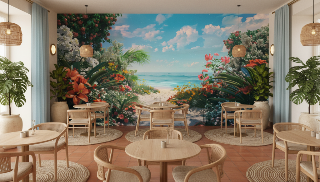 Papier Peint Paradis Tropical Plage Fleurie Vue Océan Turquoise - Restaurant