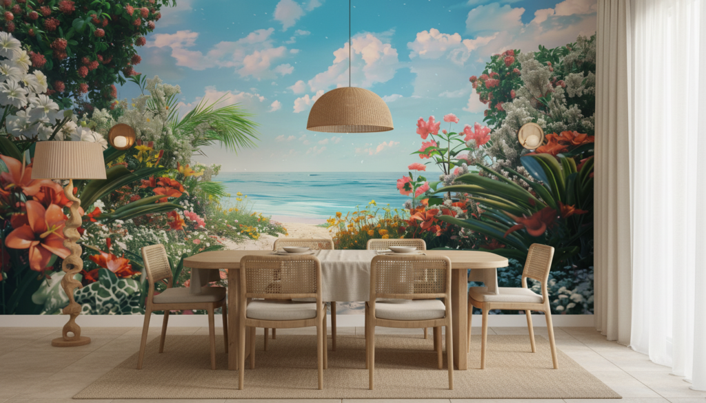 Papier Peint Paradis Tropical Plage Fleurie Vue Océan Turquoise - Salle à manger