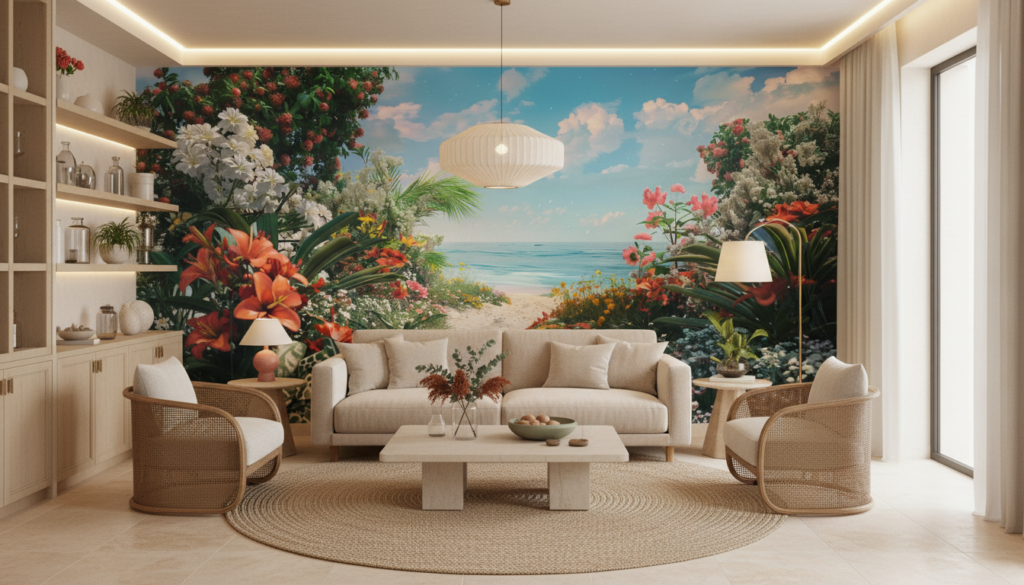 Papier Peint Paradis Tropical Plage Fleurie Vue Océan Turquoise - Salon / Séjour