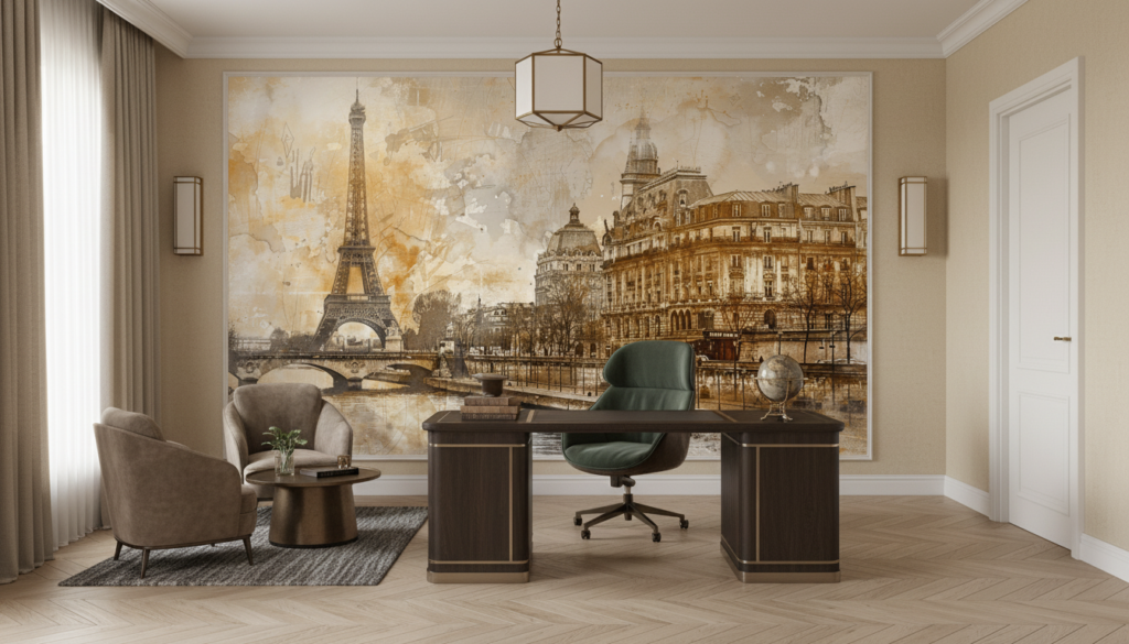 Papier peint Paris vintage avec Tour Eiffel et architecture haussmannienne - Bureau