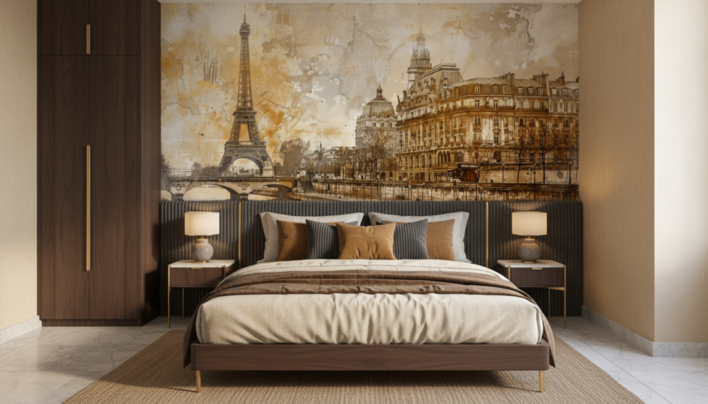 Papier peint Paris vintage avec Tour Eiffel et architecture haussmannienne - Chambre adulte
