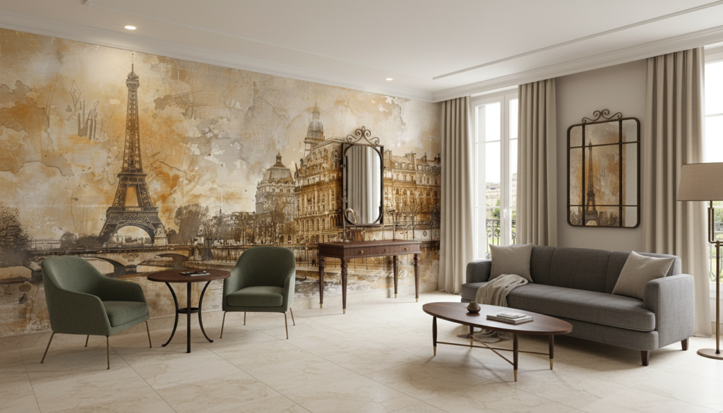 Papier peint Paris vintage avec Tour Eiffel et architecture haussmannienne - Hôtel