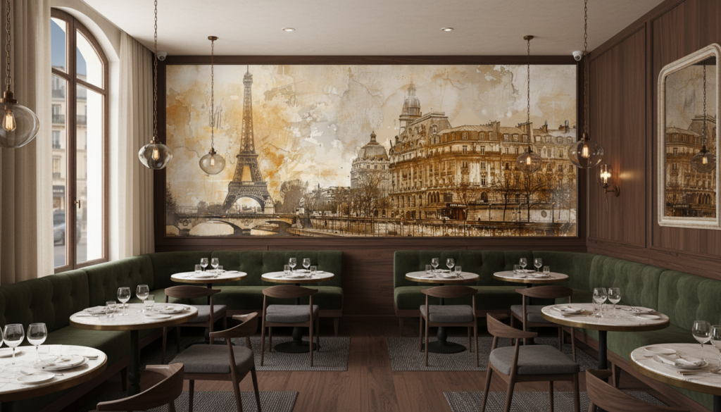 Papier peint Paris vintage avec Tour Eiffel et architecture haussmannienne - Restaurant