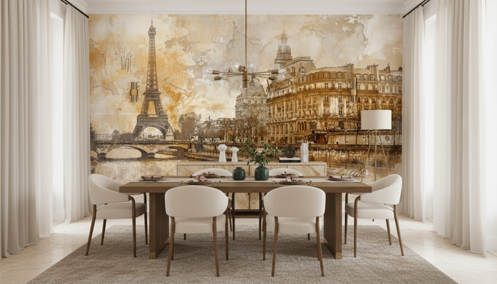 Papier peint Paris vintage avec Tour Eiffel et architecture haussmannienne - Salle à manger