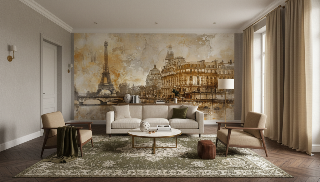 Papier peint Paris vintage avec Tour Eiffel et architecture haussmannienne - Salon / Séjour