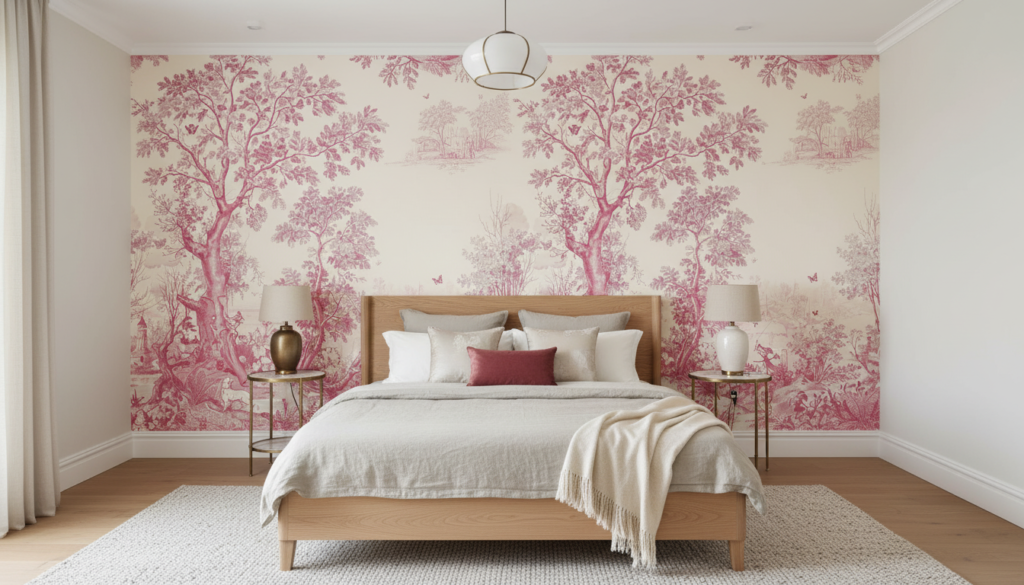 Papier peint pastoral toile de Jouy rose romantique - Chambre adulte