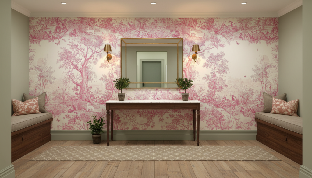 Papier peint pastoral toile de Jouy rose romantique - Couloir