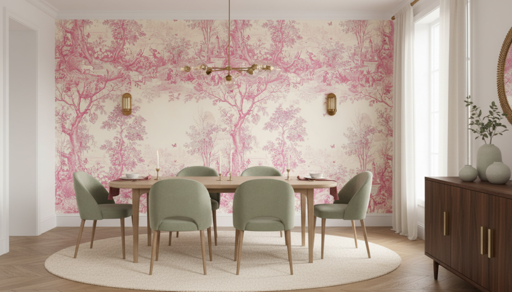 Papier peint pastoral toile de Jouy rose romantique - Salle à manger