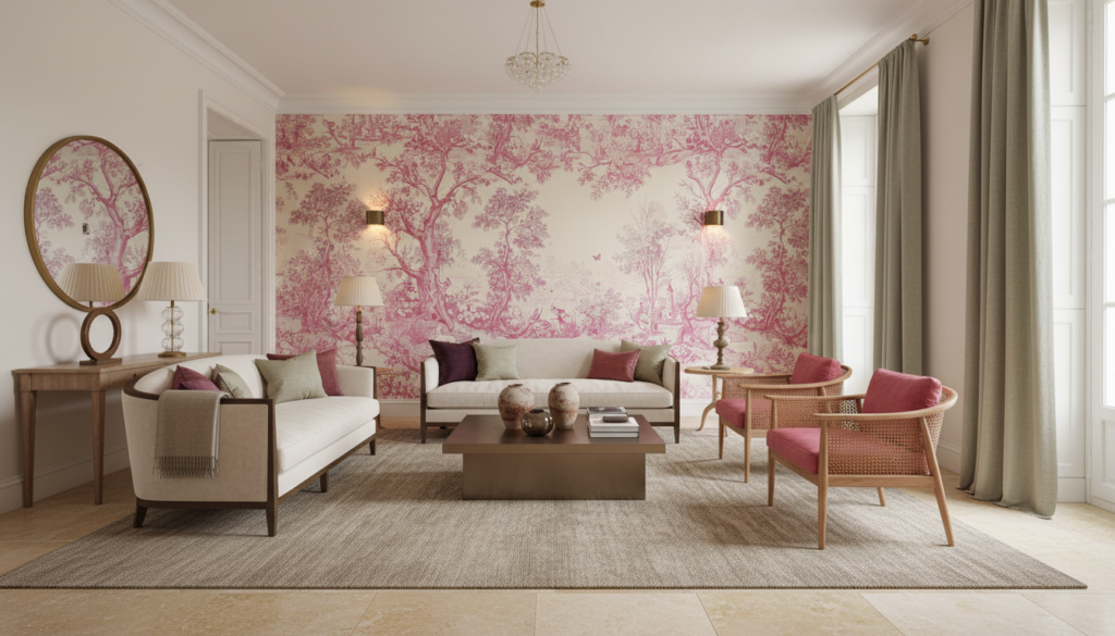 Papier peint pastoral toile de Jouy rose romantique - Salon / Séjour