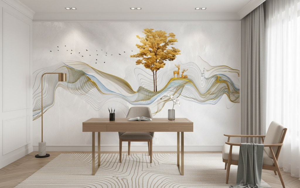 Papier Peint Paysage Abstrait Doré avec Arbre et Cerfs Stylisés - Bureau