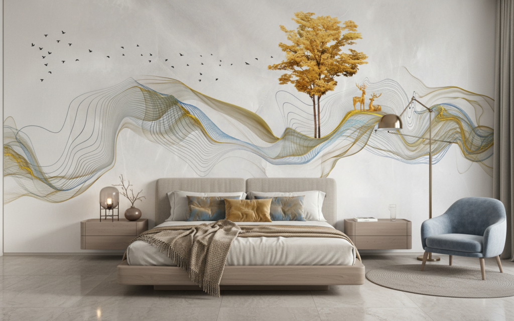 Papier Peint Paysage Abstrait Doré avec Arbre et Cerfs Stylisés - Chambre adulte